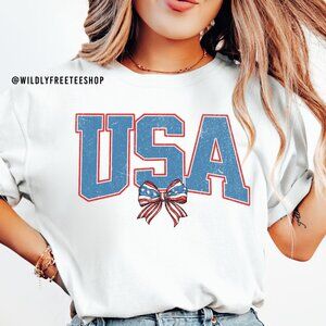 NEW Women Coquette USA American Flag July 4th Fourth Of July Crewneck Tee Shirt